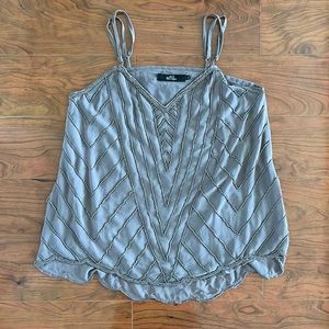 BKE Boutique Beaded Taupe Scallop Trim Spaghetti Strap V Neck Tank Top Blouse